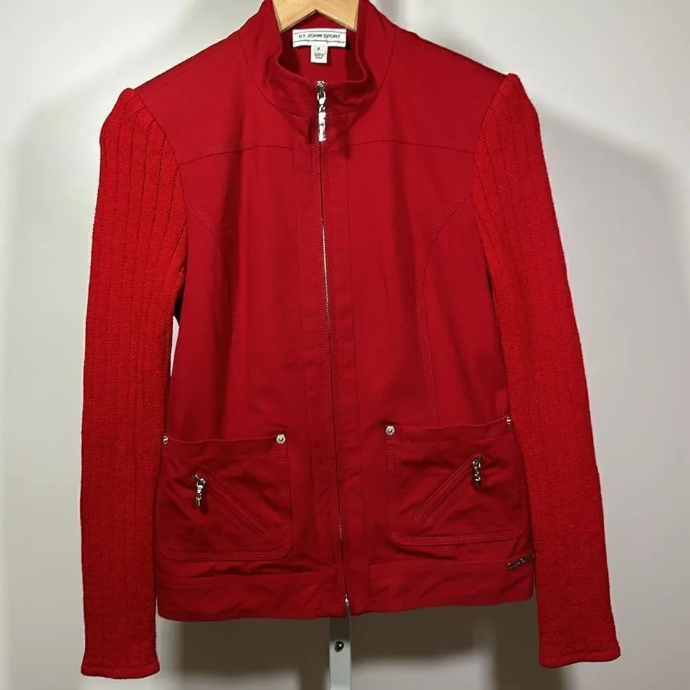 ST. JOHN SPORT Women's Ribbed Cotton Knit Zipper Sweater Jacket Red Size Petite